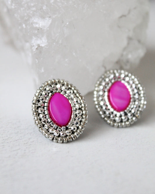 Aros Piedra Fucsia Plata
